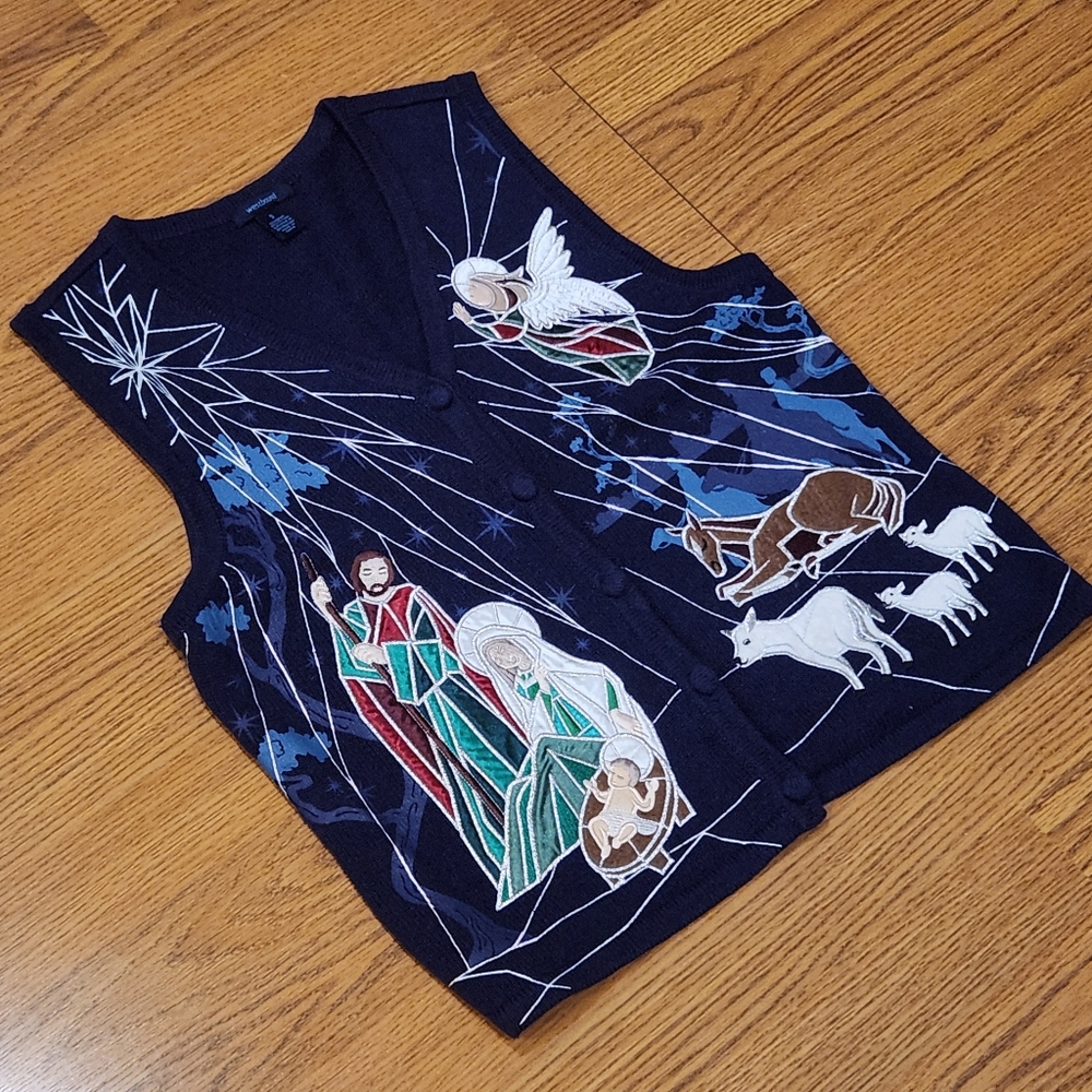 Westbound Women's Blue Vest with Embroidered Nativity Scene Size S - Picture 2 of 7
